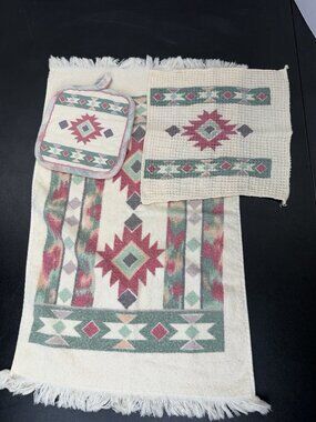 Vintage Southwestern Geometric Aztec Set Potholder Washcloth Dish Hand Towel